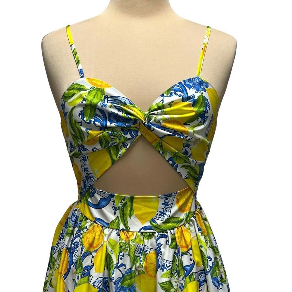 Shein Women’s Lemon Print Cut Out Sundress Yellow Blue Size 2 XS Summer Dress - Picture 3 of 8